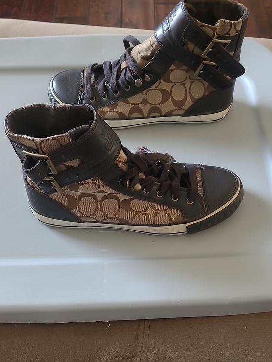 Coach Shoes - Coach Brown Monogram High-Top Sneakers with Dark Brown Trim Size 7.5